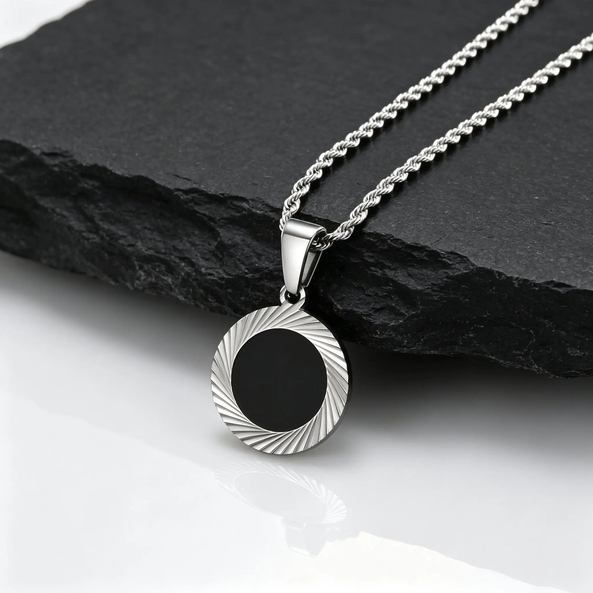 Punk Round Necklace for Men Boys,Embossing Radiation Sunburst Stainless Steel Necklace,Birthday Father Jewelry Gift