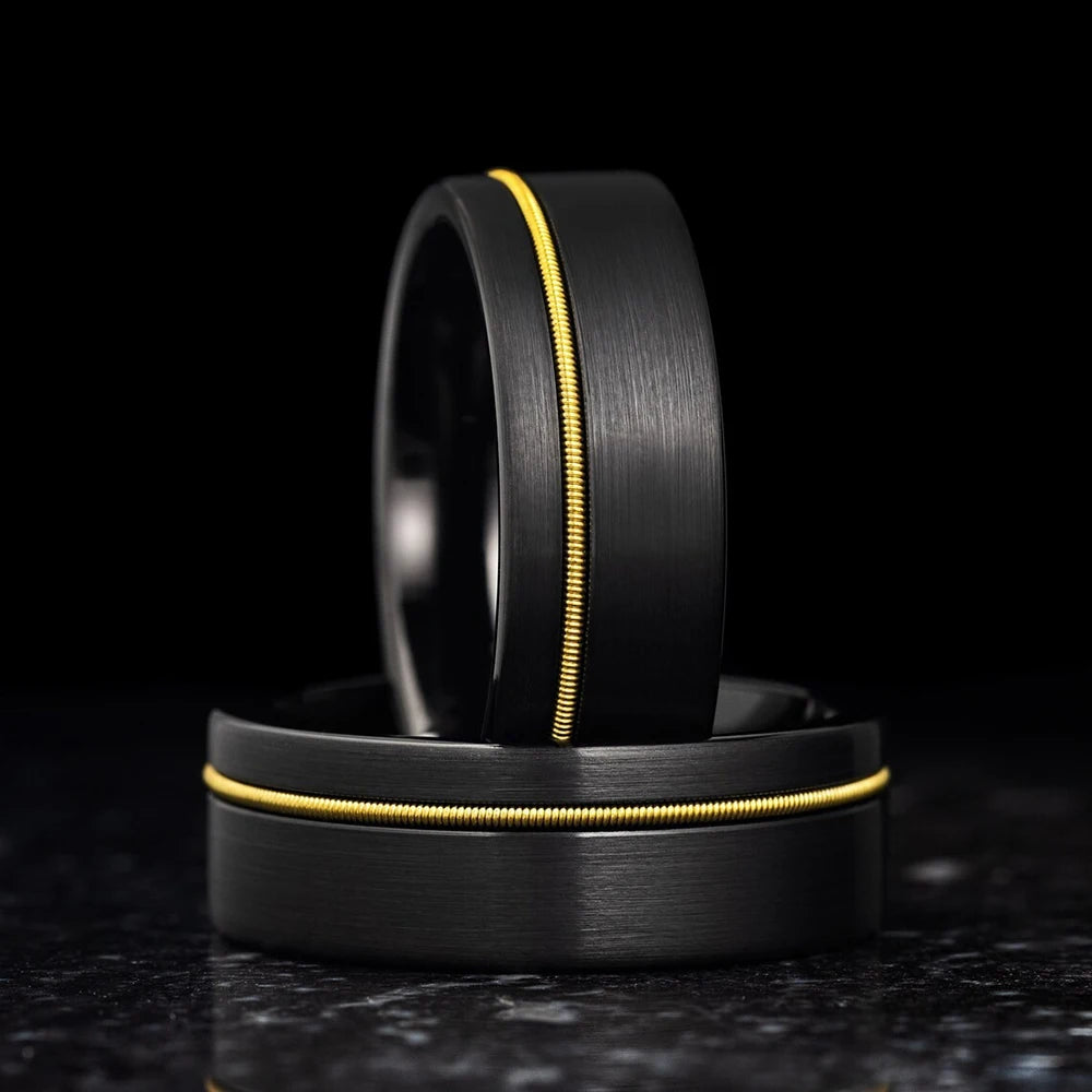 Fashion Black Stainless Steel Rings for Men With Guitar String Inlay Guitarist Ring For Musician Wedding Jewelry Drop