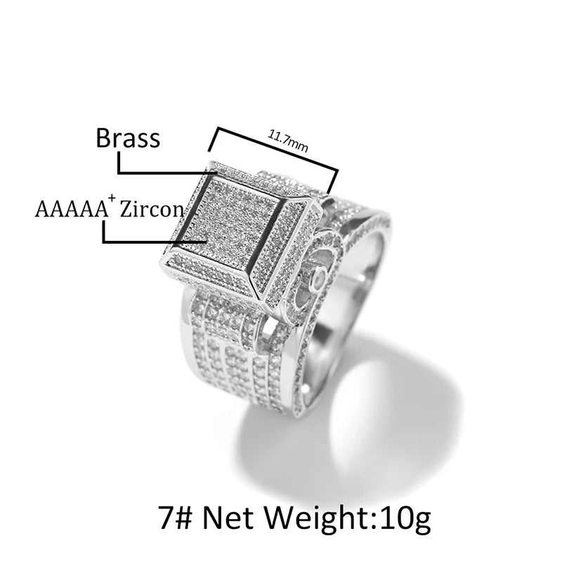 Hip Hop 5A+ CZ Stone Paved Bing Iced Out Square Rings for Men Women Unisex Rapper Jewelry Rose Gold Silver Color
