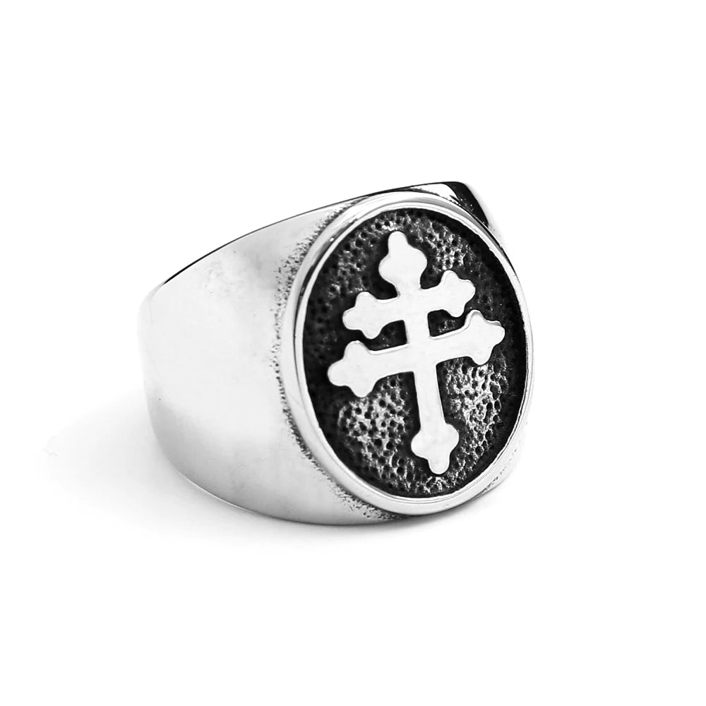 Classic Lorraine Cross Signet Ring for Men Gold/Silver Color Stainless Steel Orthodox Cross Ring Male Punk Biker Jewelry