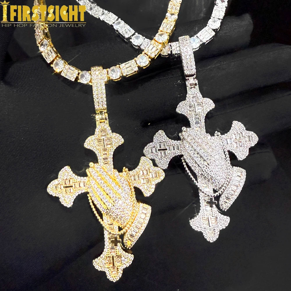Iced Out Praying Hands Cross Necklace — Silver