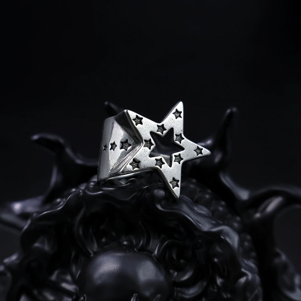 LENNIK "Nyota" Star Ring Adjustable S925 Wrapped Gothic Punk Edgy Jewelry for Men Women Retro Accessories Unisex