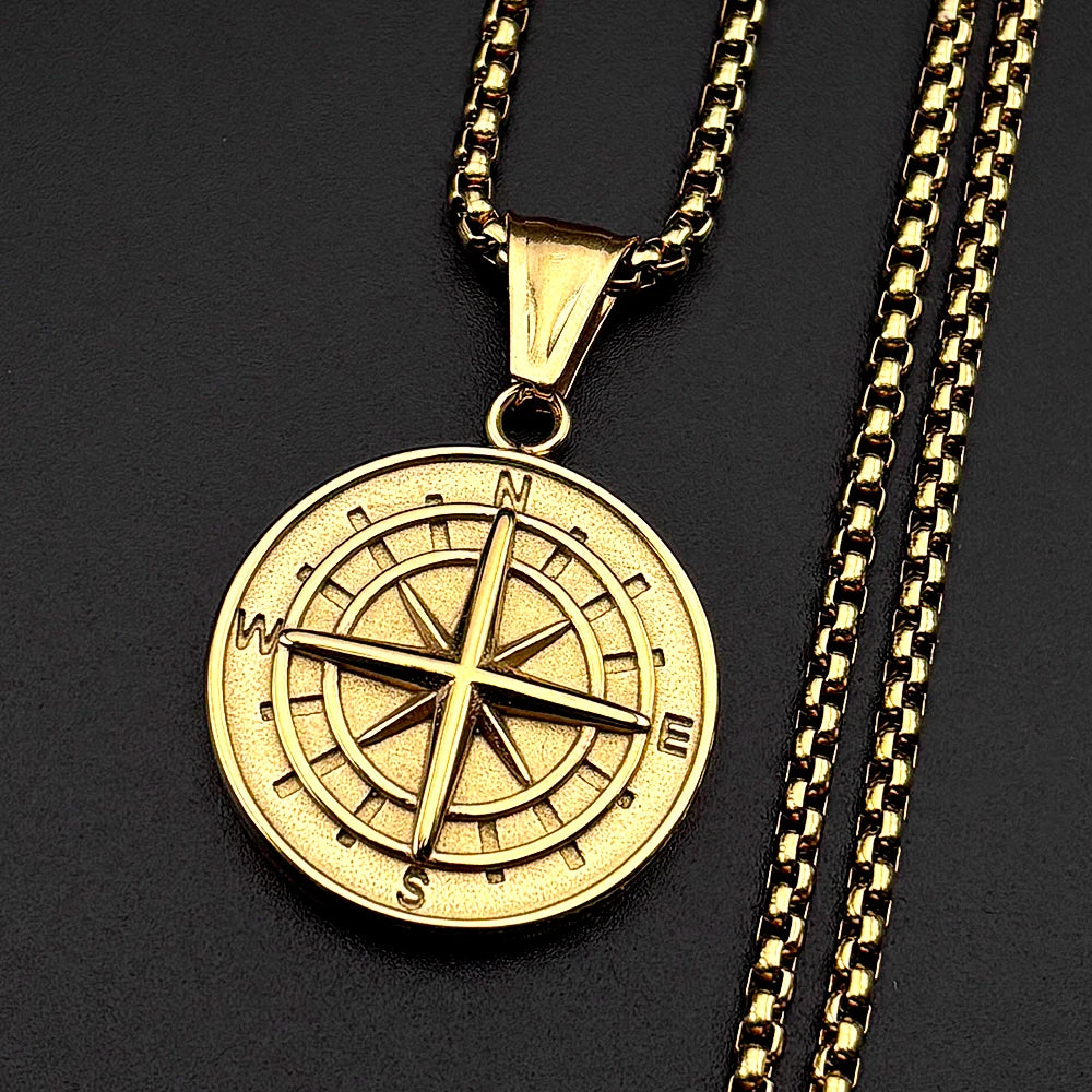 Compass Round Pendant Necklace Silver Color Stainless Steel Travel Adventure Gift Men Daily Street Casual Wear Chain Jewelry