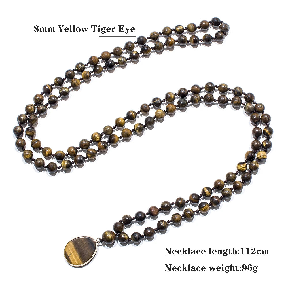 8mm Yellow Tiger Eye Bead Knot 108 Mala Necklace Meditation Yoga Prayer Jewelry with Tiger Eye Pendant for Men and Women