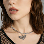 Moth Skull Barbed Wire Cross Choker — Stainless Steel