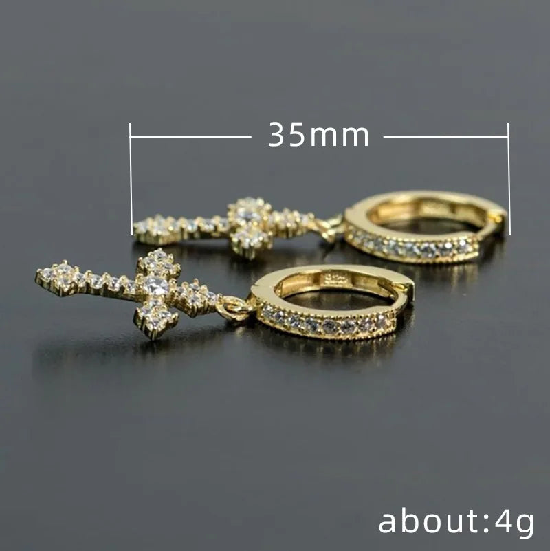 Iced Out Cross Drop Huggie Hoop Earrings with CZ Crystal