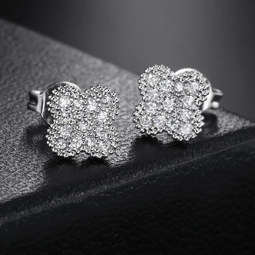 Silver Iced Out Four Leaf Clover Stud Earrings