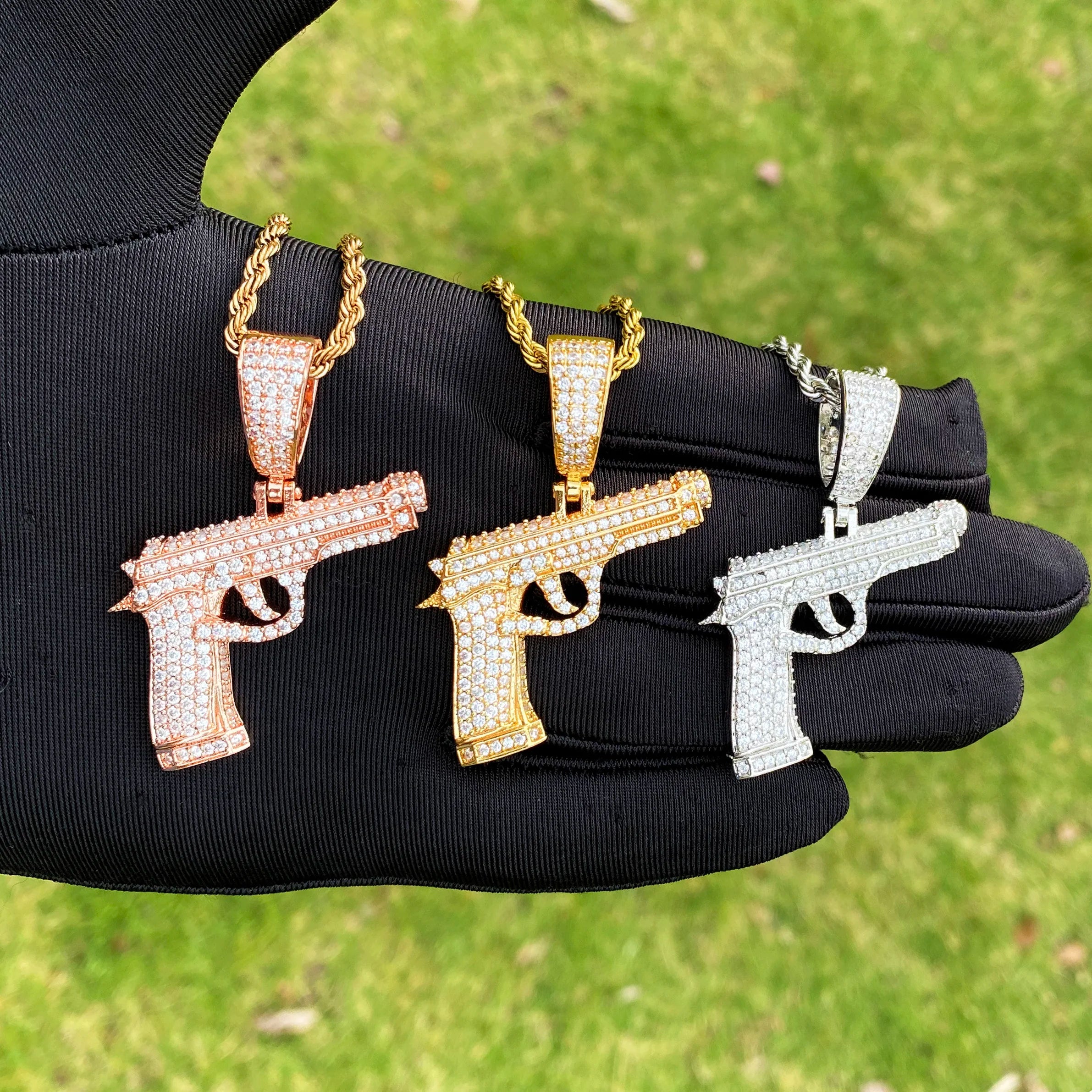 Aokaishen Iced Out Gun Necklace Pendant for Men Street Culture Prong Setting Charm Cubic Zirconia Hip Hop Jewelry