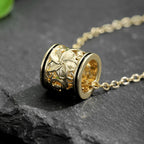Huitan Hollow Carved Flower Barrel Pendant Necklace for Women Black Enamel Edge Cylinder Bead Vintage Floral Female