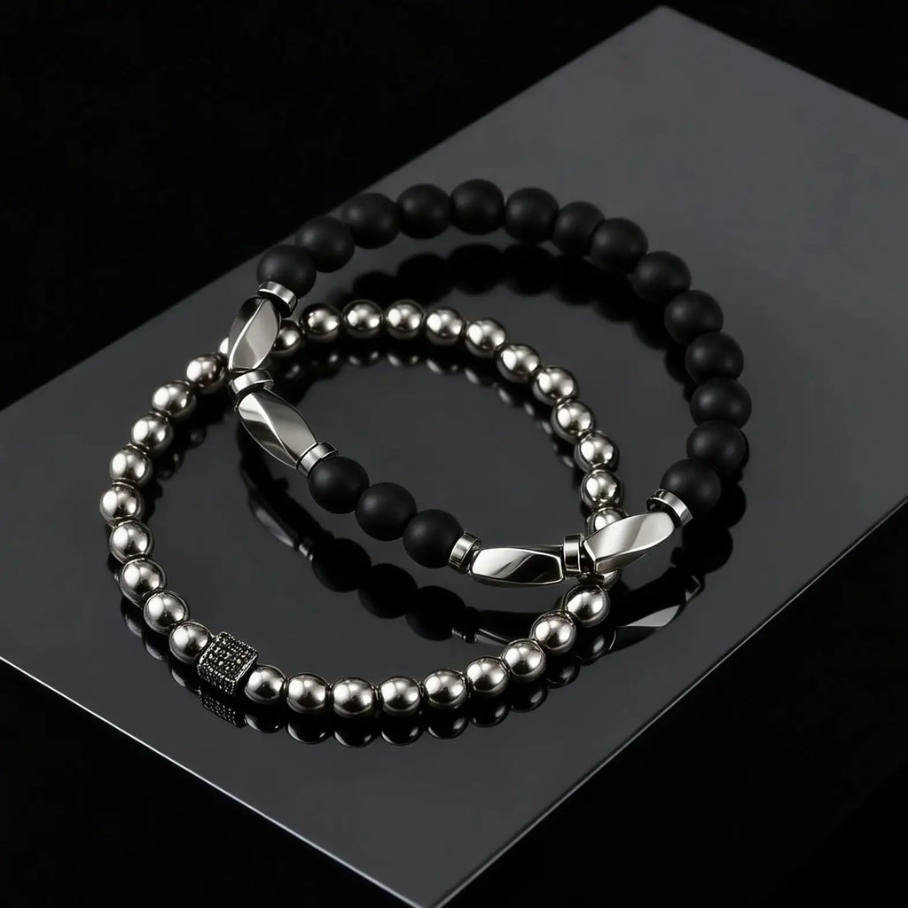 2ps Fashion Bracelet Set for Men Natural Agate Hematite Beaded Chain Bangle Luxury High Quality Jewelry Gift