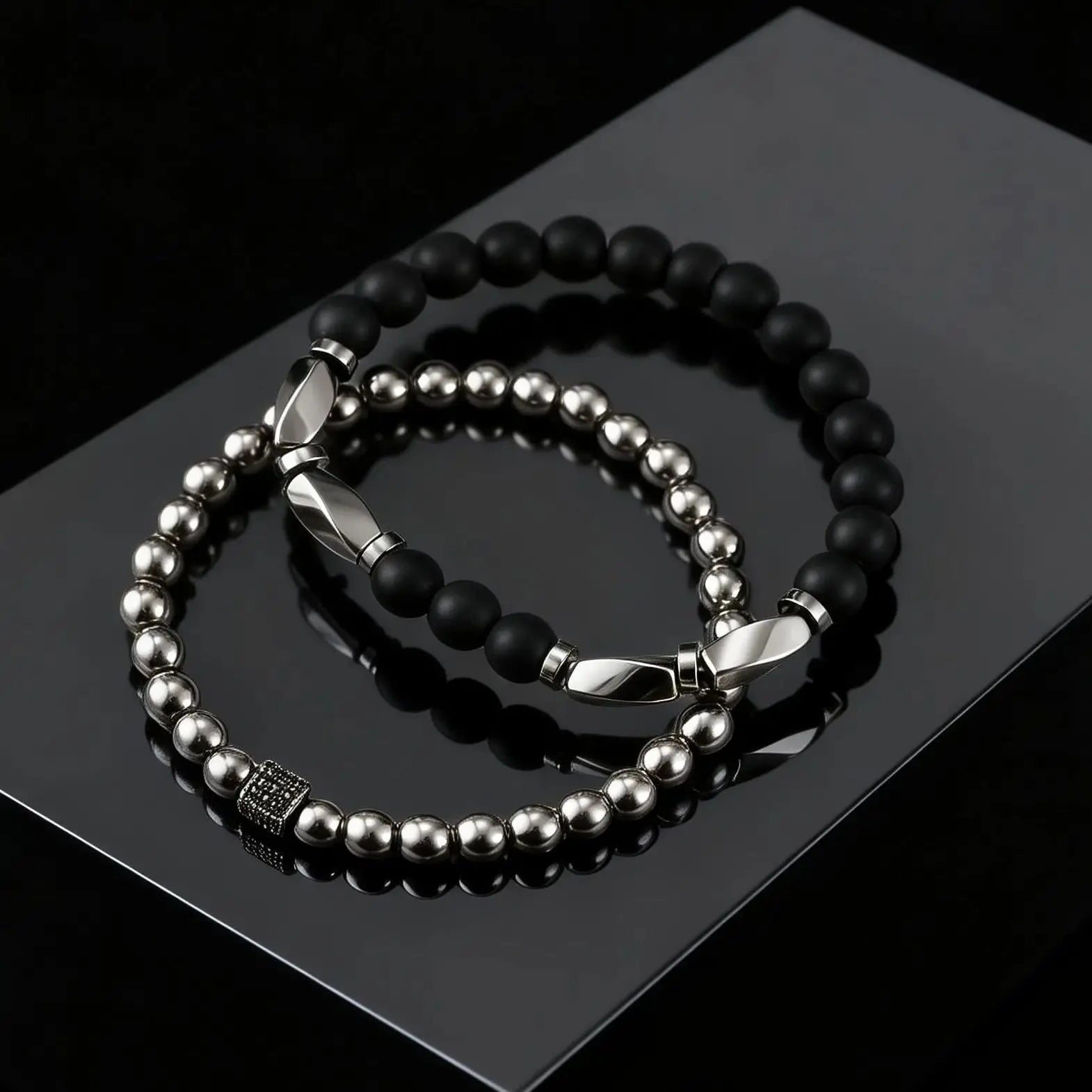 2ps Fashion Bracelet Set for Men Natural Agate Hematite Beaded Chain Bangle Luxury High Quality Jewelry Gift