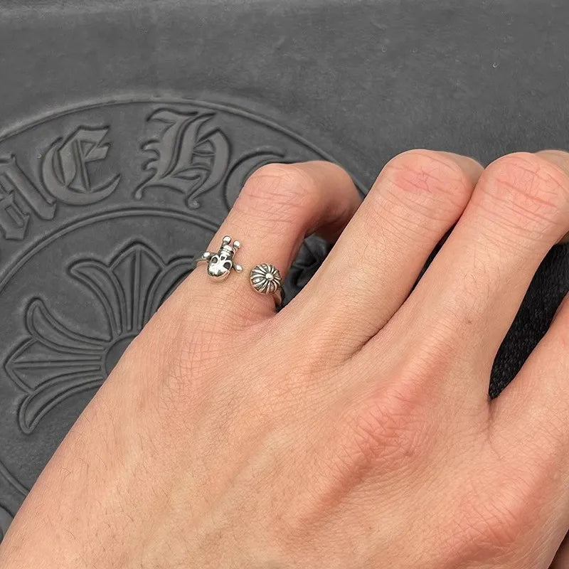 S925 Sterling Silver Vintage Cross Ball Skull Man Opening Fine Ring Men's Medieval Non-Fading Niche Premium