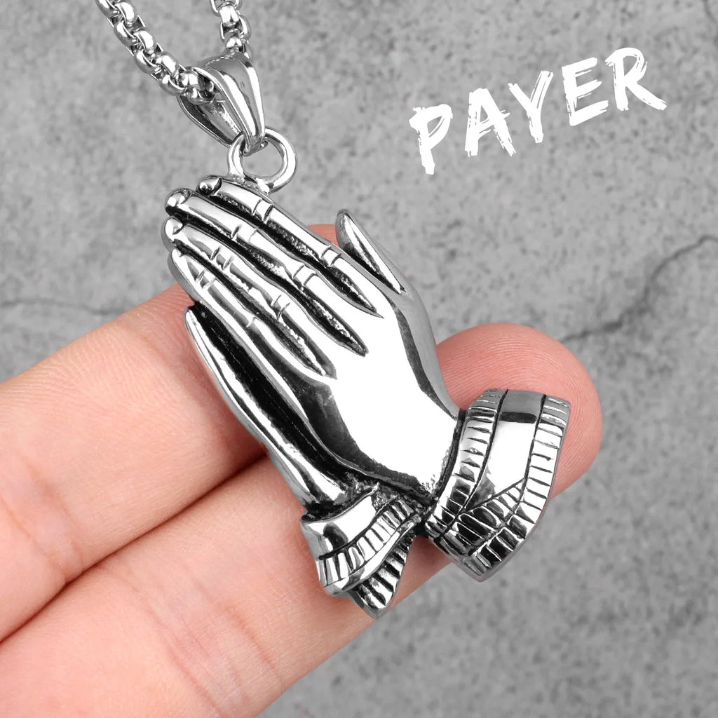 Praying Hands Cross Pendant — Stainless Steel