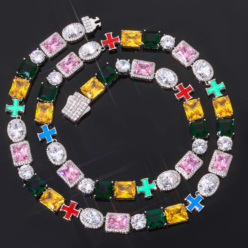 Iced Out Gemstone Necklace Stainless Steel Multi