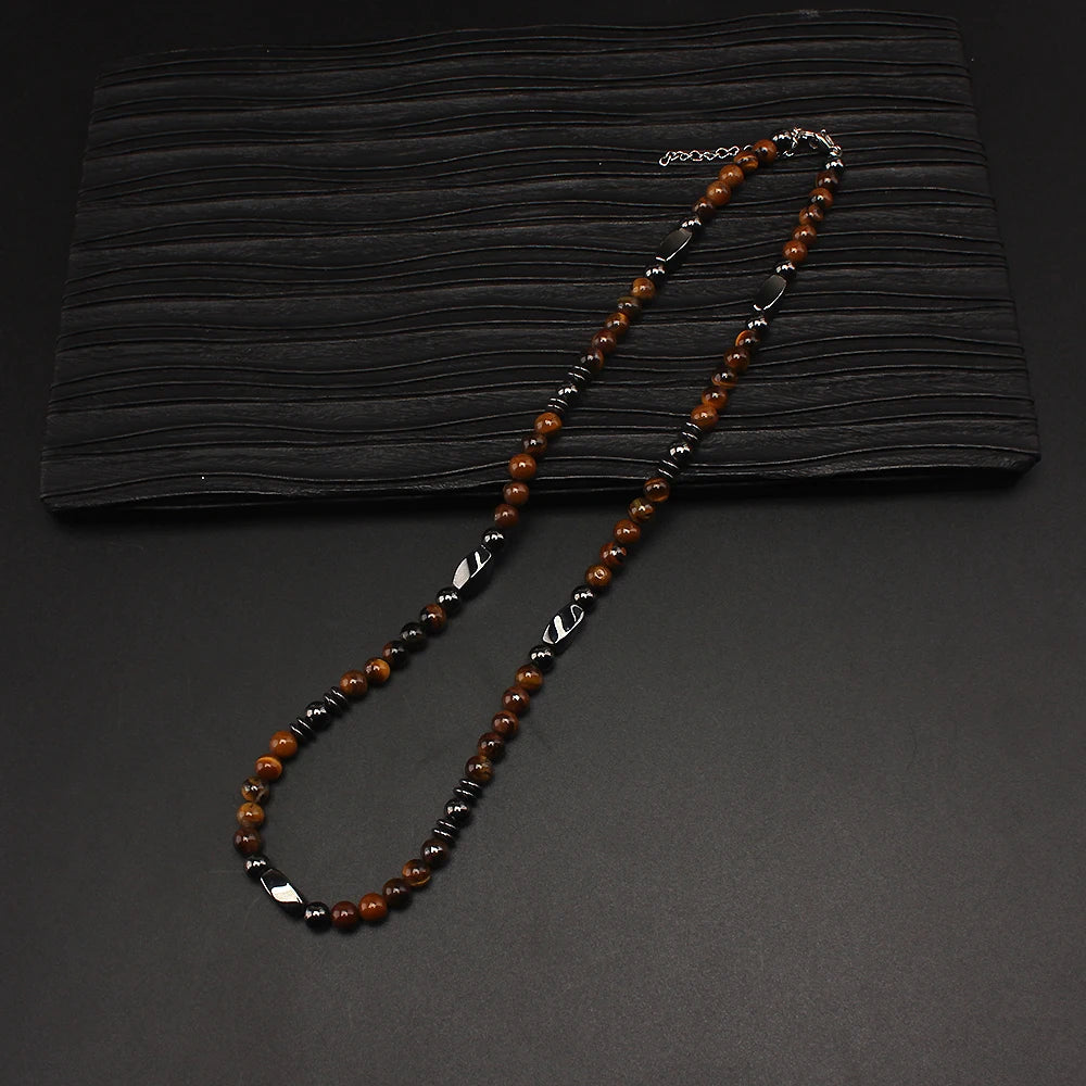 Natural Tiger Eye Hematite Bead Necklace — Zinc Alloy, 6mm
