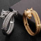 Retro Elastic Wolf Head Open Cuff Bangle Bracelet For Men 12MM Twist Chain Stainless Steel Men‘s Bracelets Rockers