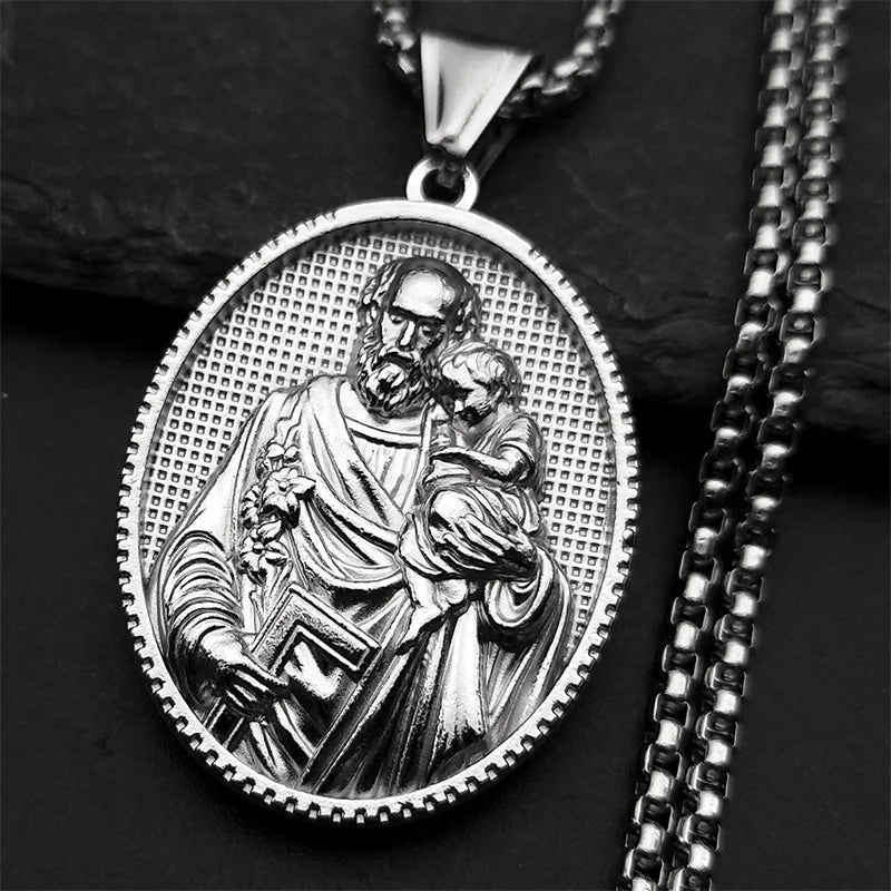 Saint Joseph Baby Jesus Medal Pendant Necklace — Stainless Steel