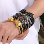 Gothic Elastic Double Wolf Face Head Open Cuff Bangle Bracelet For Man 12MM Wide Twist Chain Stainless Steel Men Men's
