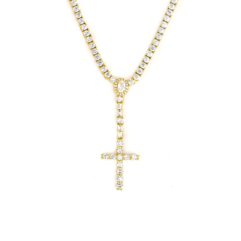 Iced Out Cross Pendant Tennis Chain Necklace — Copper Alloy