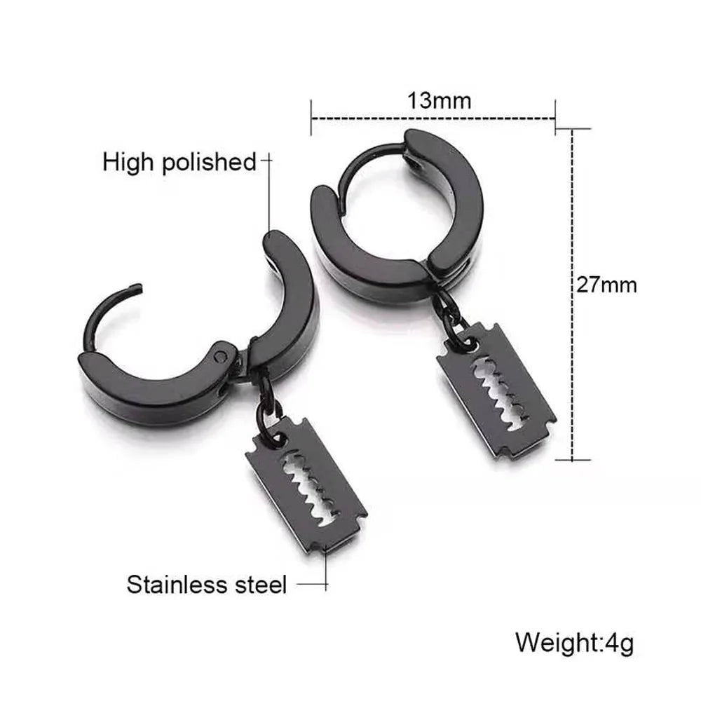 Stainless Steel Gold Razor Blade Drop Earrings Small Hoop Dangle Ear Jewelry Rock Roll Men Women Fashion Gift