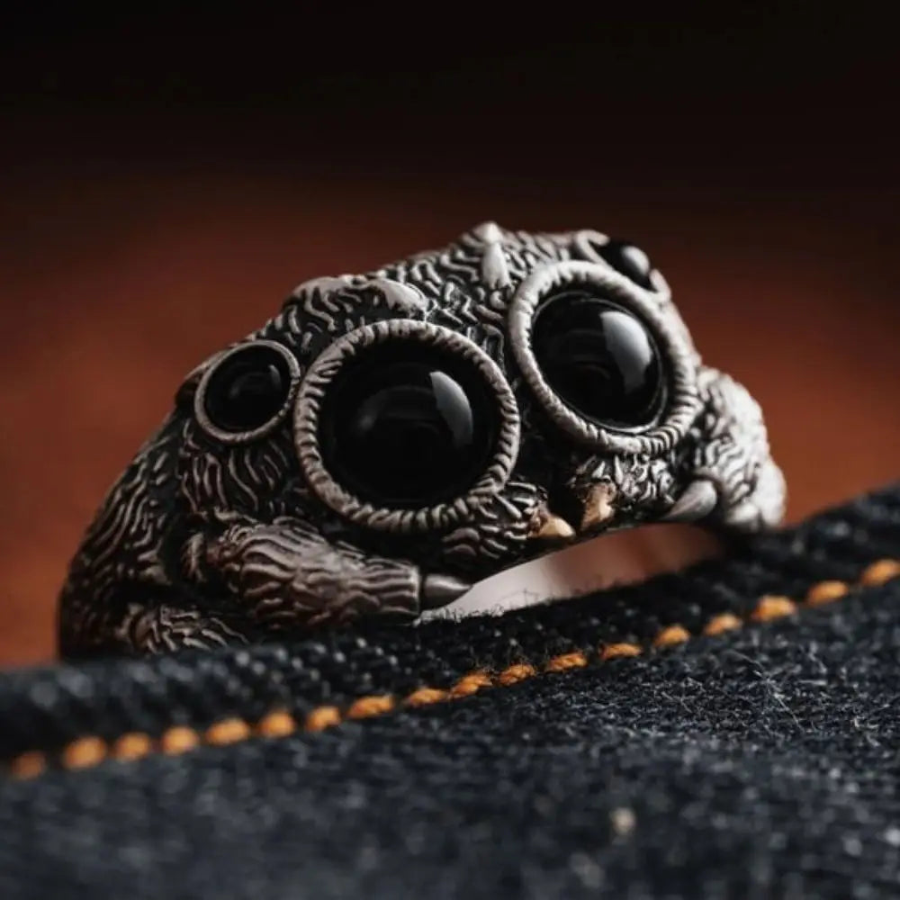 Black Agate Jumping Spider Ring Personalized Electroplated Copper Animal Open Rings Adjustable Opening Fashion
