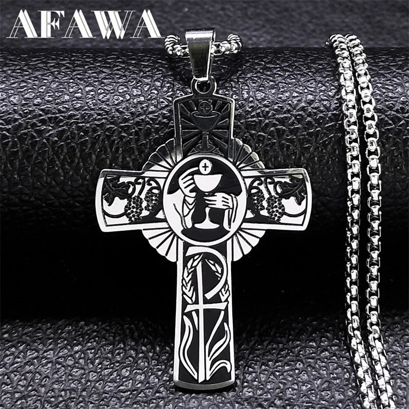 Christian Christ Eucharist Halo Grape Juice Cross Necklace Stainless Steel Men Women Catholic Holy Spirit Church Chain