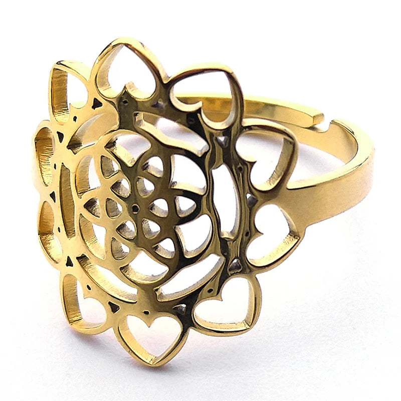 Heart Gold Ring Sacred Geometry Metatron Flower