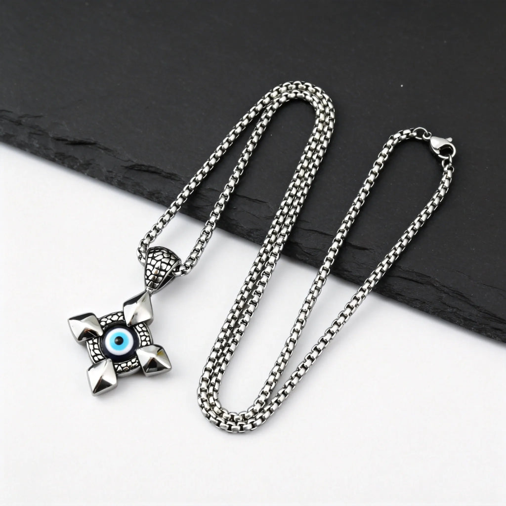 Evil Eye Geometric Pendant Necklace — Stainless Steel