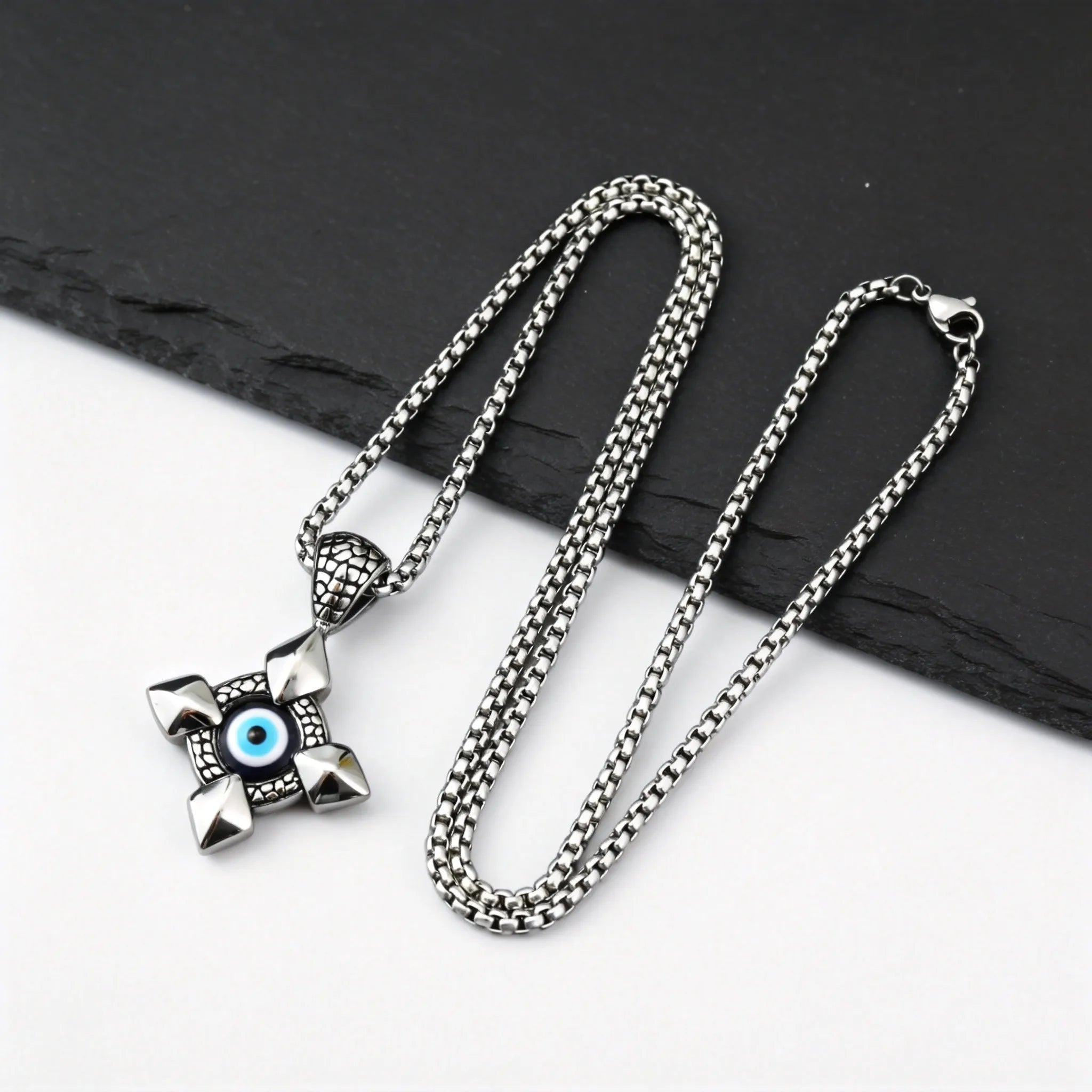 Evil Eye Geometric Pendant Necklace — Stainless Steel