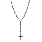 Black Hematite Round Beads Yellow Tiger-eye Stone Cross Pendant Necklace for Men and Women