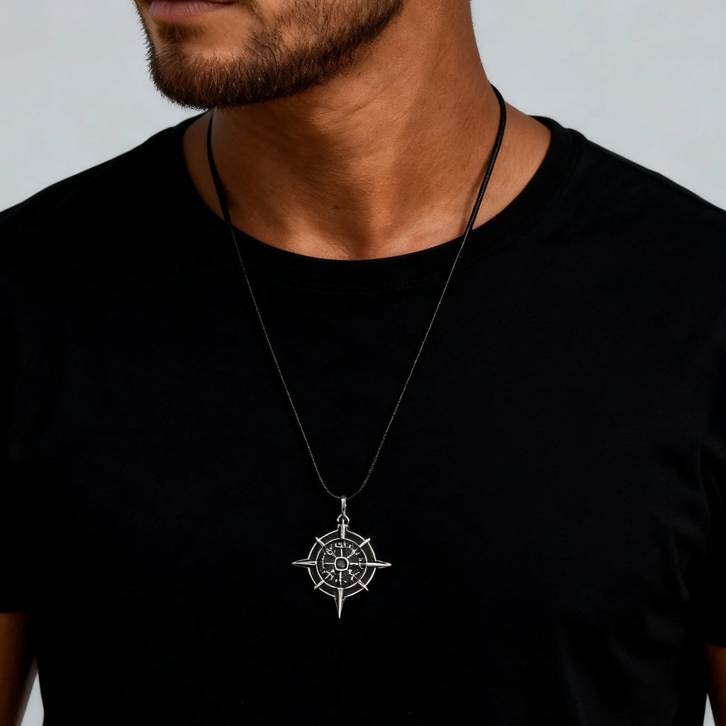 Retro Viking Rune Compass Necklace for Men Boys,Gun black Stainless Steel Talisman Collars,Stylish Punk Jewelry Gift