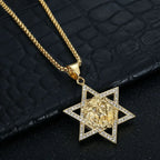 Religious Hexagram Star of David Lion's Head Zirconia Pendant Gold Color Stainless Steel Necklace for Woman Man Jewish Jewelry