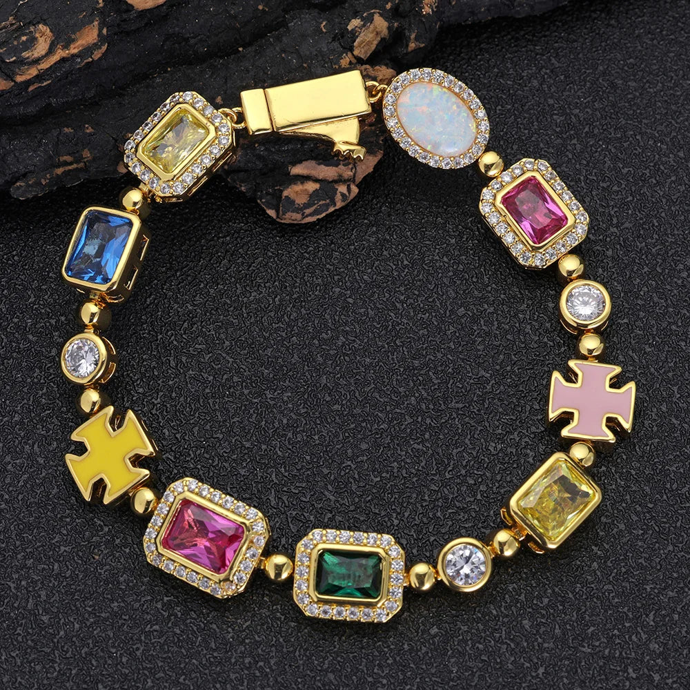 Cross Chain Necklace Iced Out Colorful Gemstone