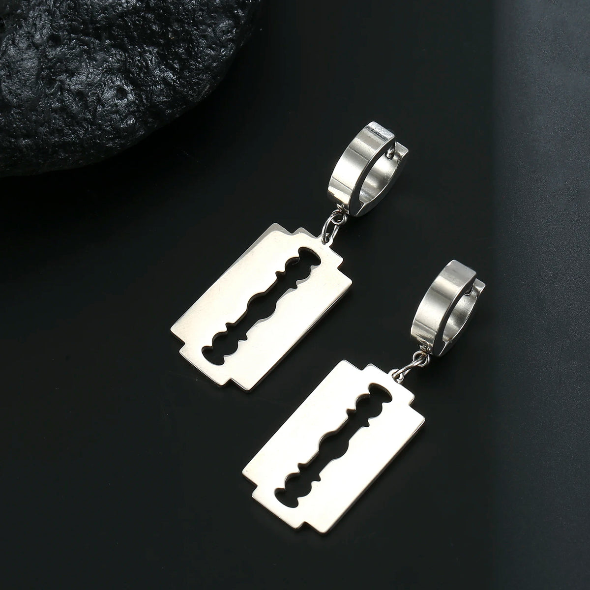 Razor Blade Circle Drop Hoop Earrings — Stainless Steel