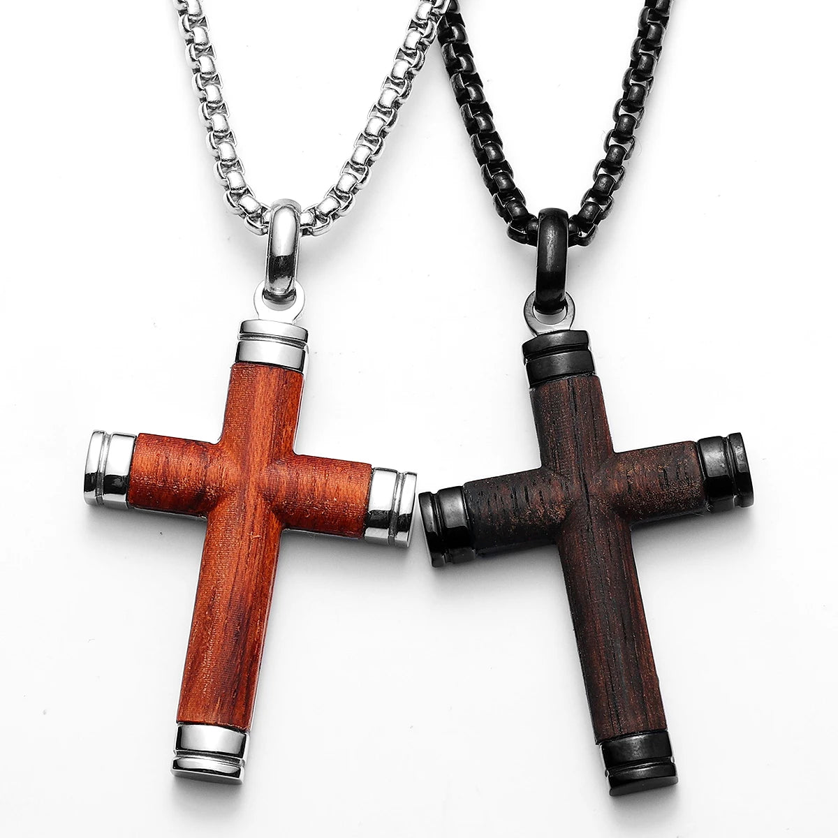 Wood Cross Pendant Necklace — Stainless Steel