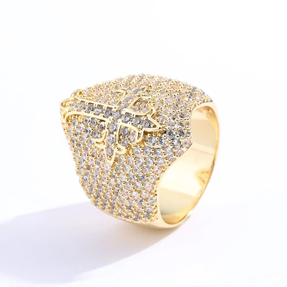 Iced Out Round & T-Shaped Cuban Cross Ring — Copper Alloy
