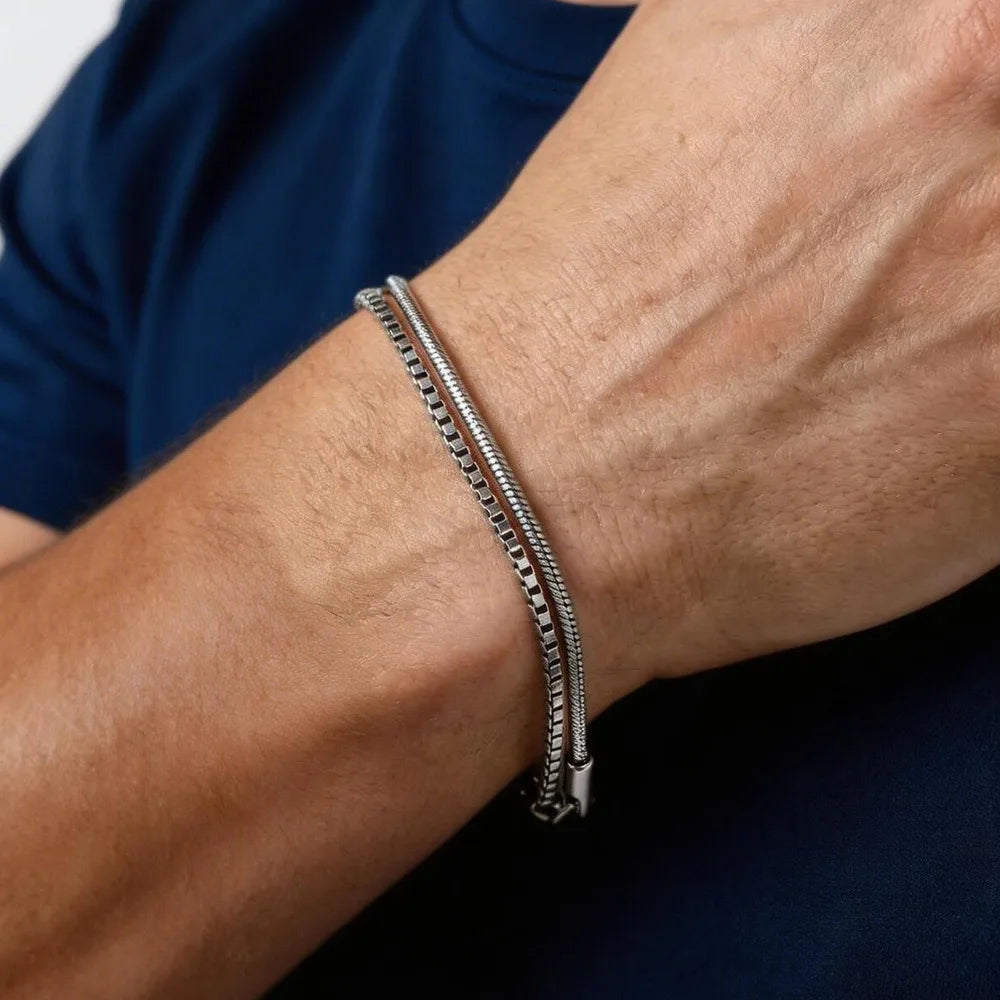Silver Box Chain Bracelet Set — Stainless Steel