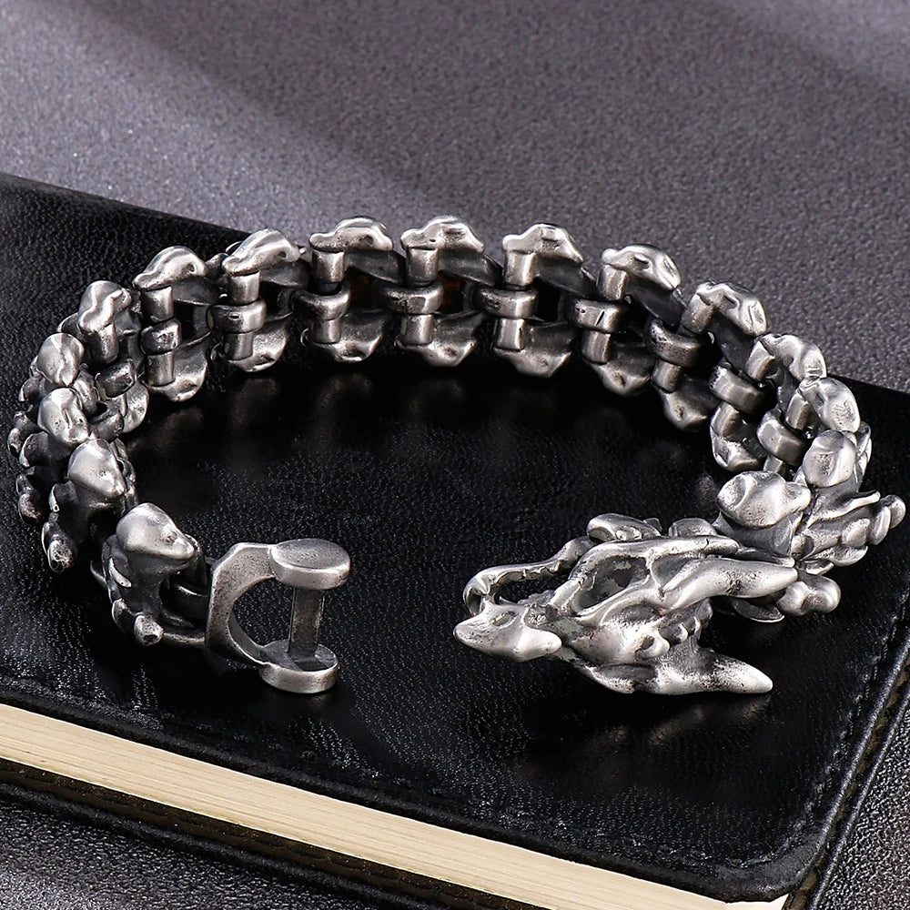 Punk Rock Chinese Loong Dragon Head & Body Chain Bracelet for Man Matte Brushed Stainless Steel Bracelets Men's Male