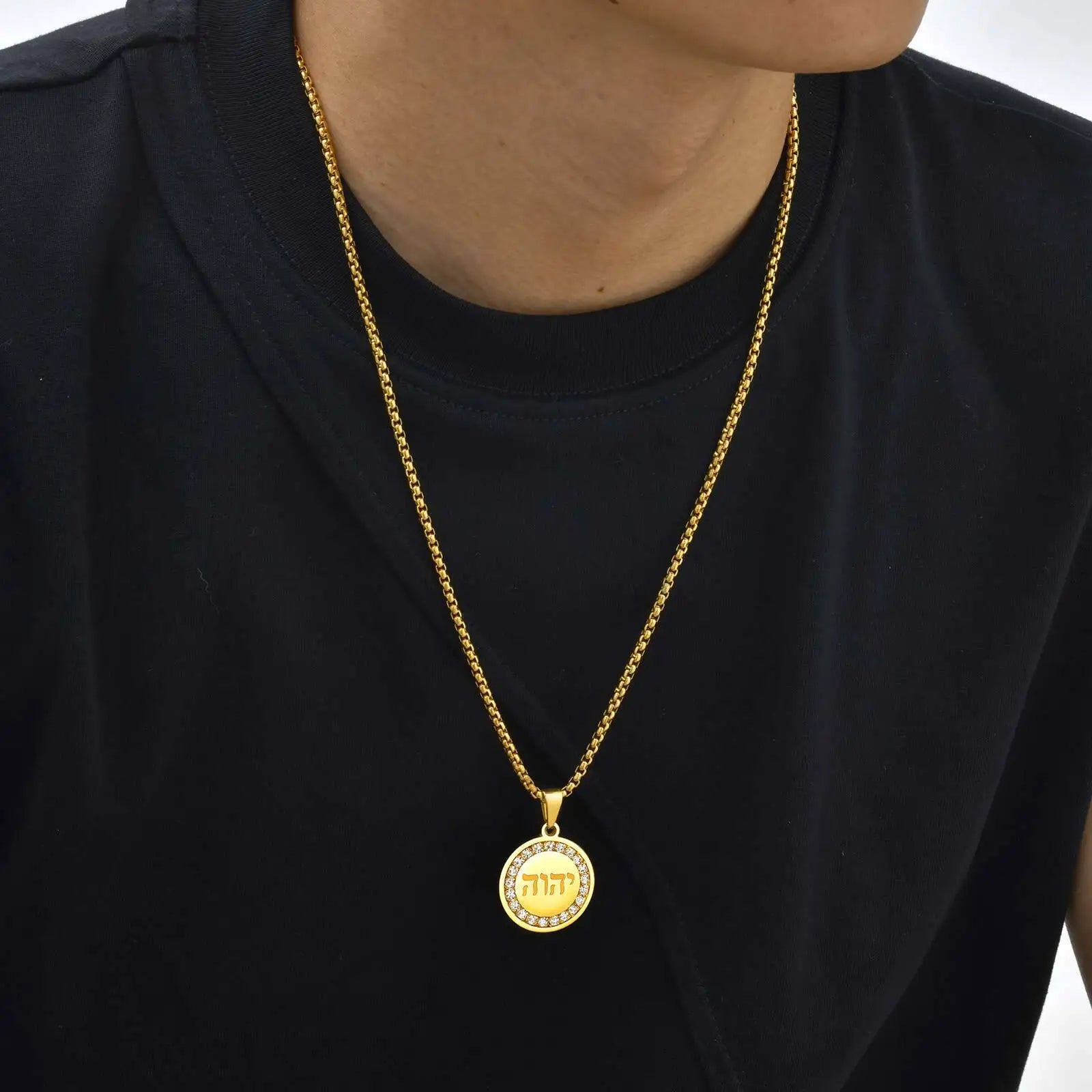 Hebrew Zircon Round Pendant — Stainless