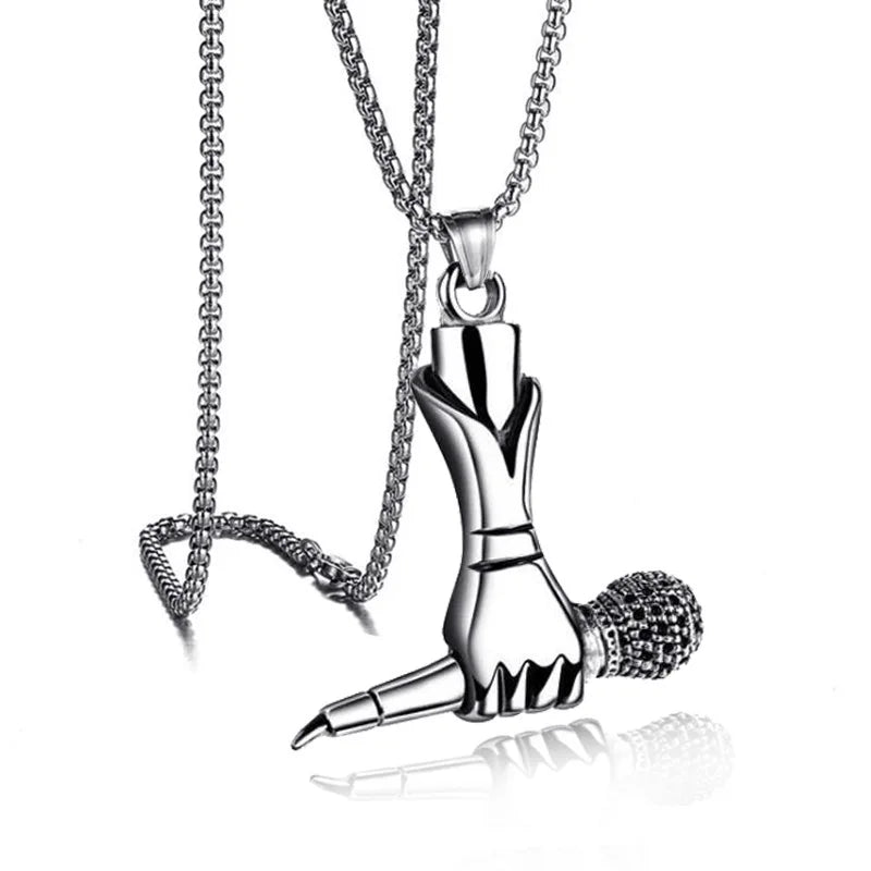 Silver Microphone Hand Pendant Necklace
