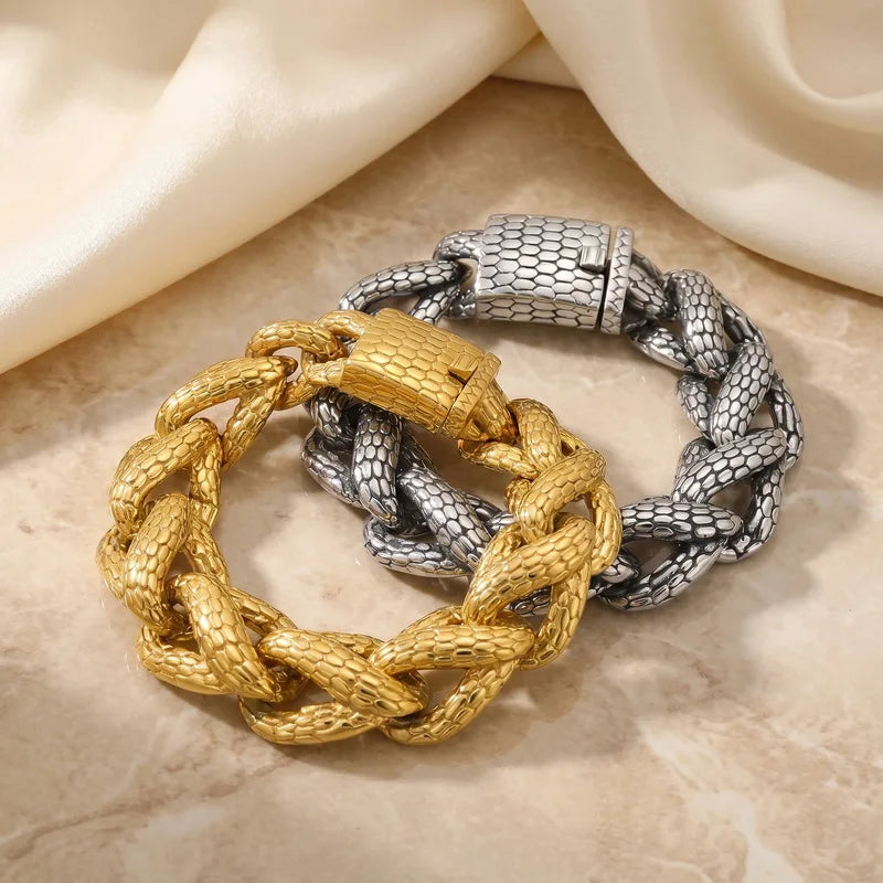 Kalen Snake Skin Cuban Link Men's Bracelet Punk Heavy Stainless Steel Motorcycle Jewelry Vintage Metal Accessory Gift