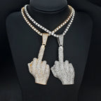 Hip Hop Big Polite Gesture Middle Finger Pendant Necklace with 11mm Crystal Cuban Chain HipHop Iced Out Necklaces Men