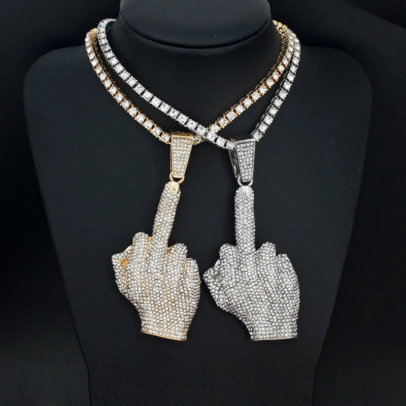 Hip Hop Big Polite Gesture Middle Finger Pendant Necklace with 11mm Crystal Cuban Chain HipHop Iced Out Necklaces Men