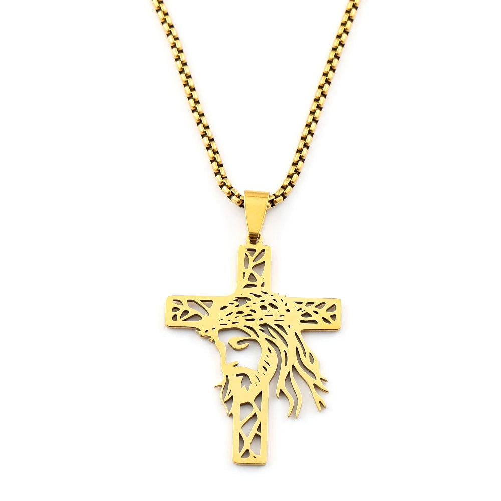 Hollow Crown of Thorns Jesus Cross Pendant Necklace for Women Men Stainless Steel Gold Plated Crucifix Chain Faith Jewelry Gift