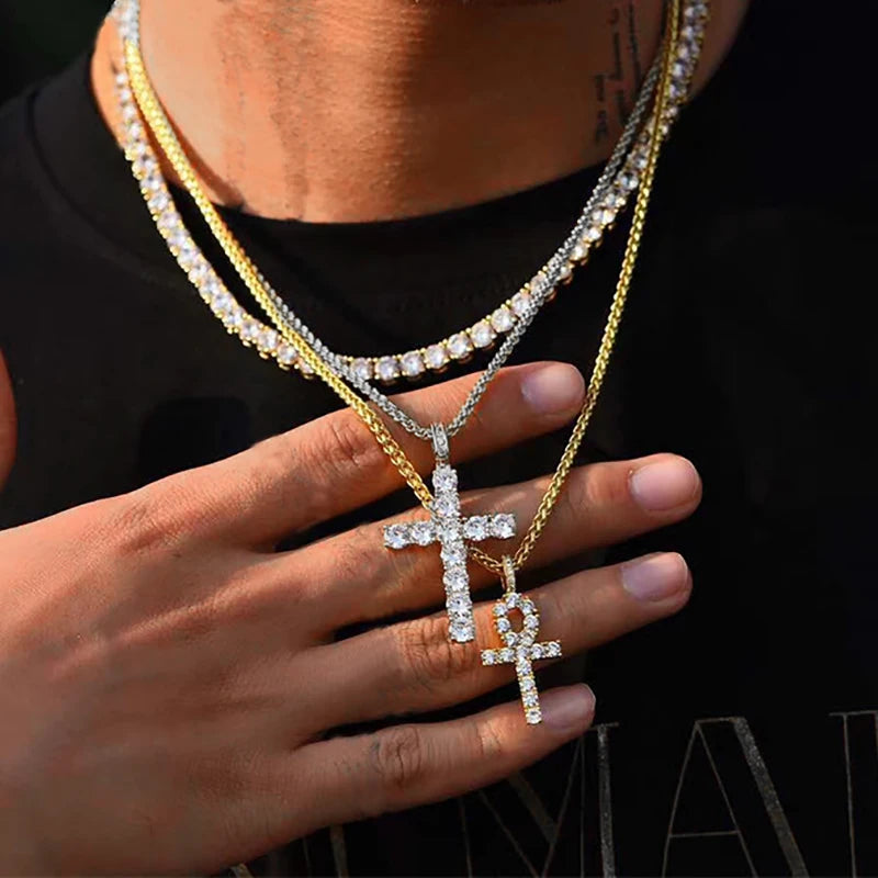 Cross Pendant Rope Chain Necklace Iced Out CZ