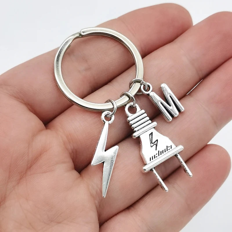 Fashion A-Z Letter Charm Lightning Bolt Plug Electrician Keychain for Electrical Worker Bag Car Keyring Gifts
