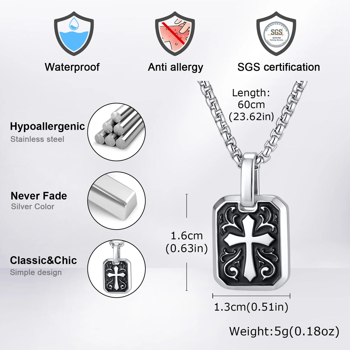 Black Enamel Cross Dog Tag Necklace — Stainless Steel