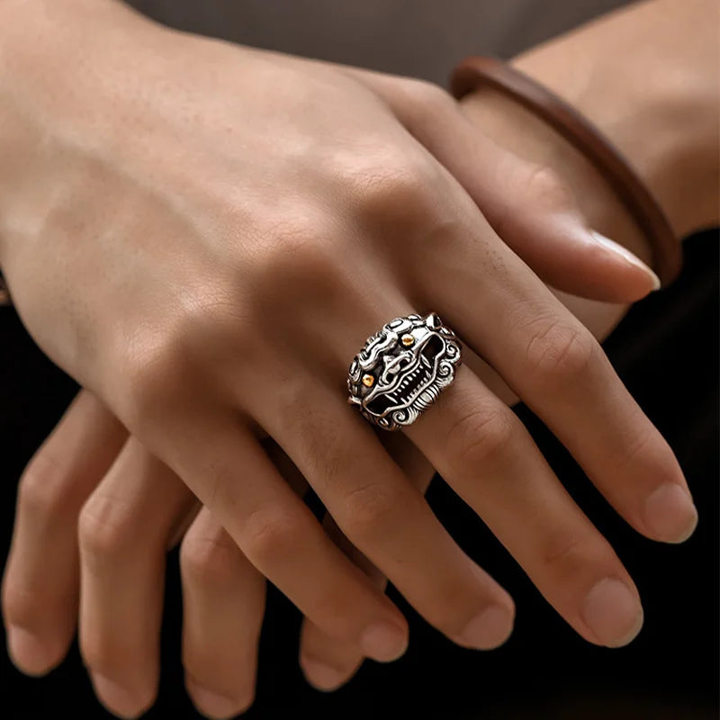 Retro Golden Eye Tang Lion Ring For Men Punk Gothic Open Ring Designer Jewelry Unisex Accessories Cultural Bless Gift