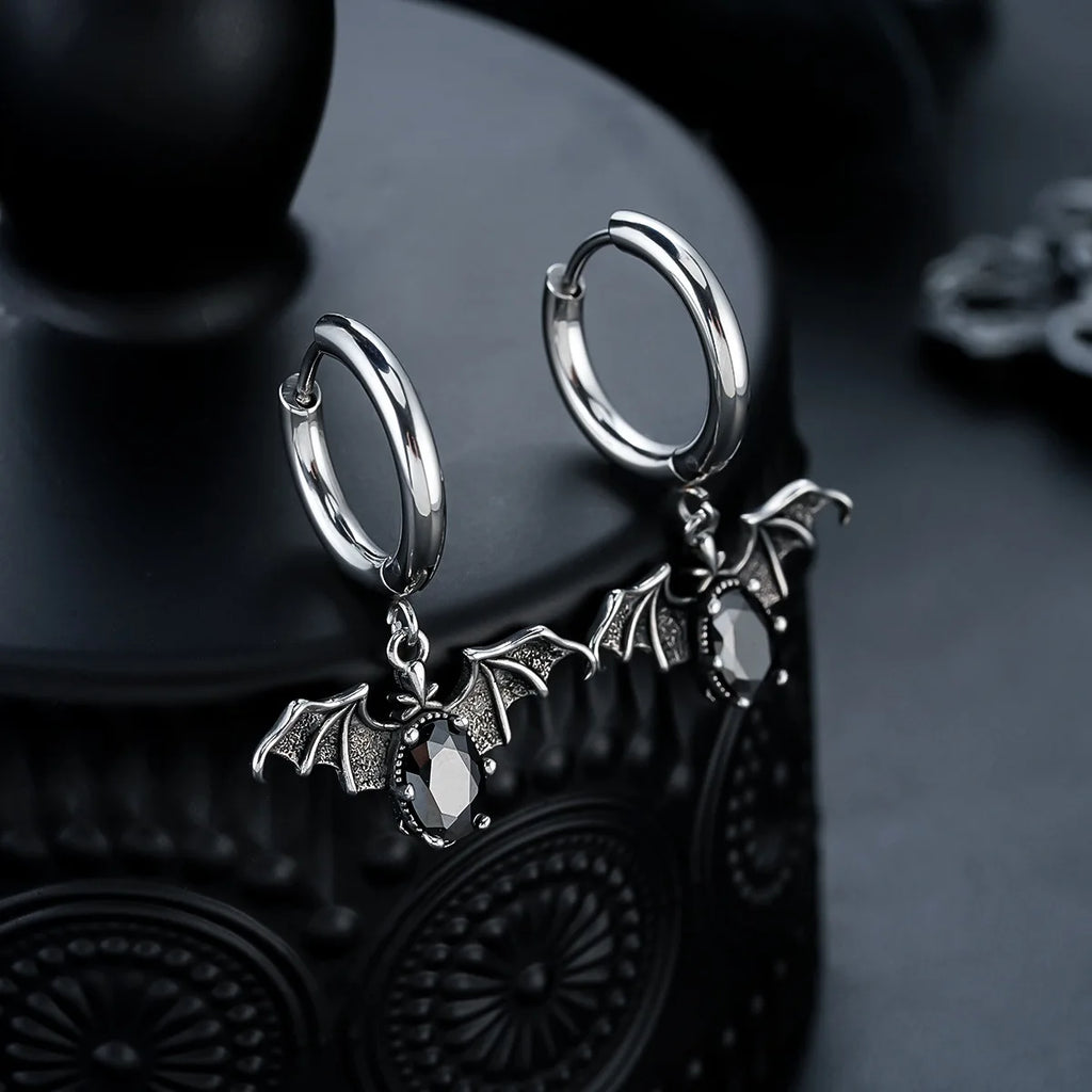 Vintage Gothic Bat Pendant Hoop Earrings for Men Women Black Oval Zircon Dangle Earring Punk Halloween Jewelry