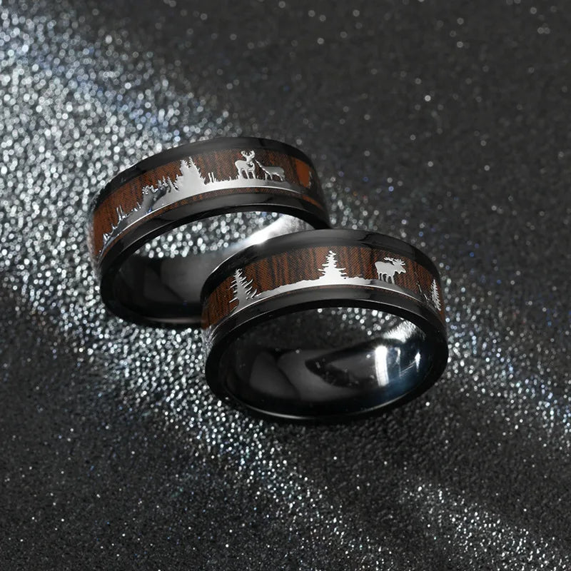 Black Inlaid Wood Grain Elk Christmas Tree Stainless Steel Couple Proposal Ring Animal Fashion Vintage Jewelry Christmas Gift
